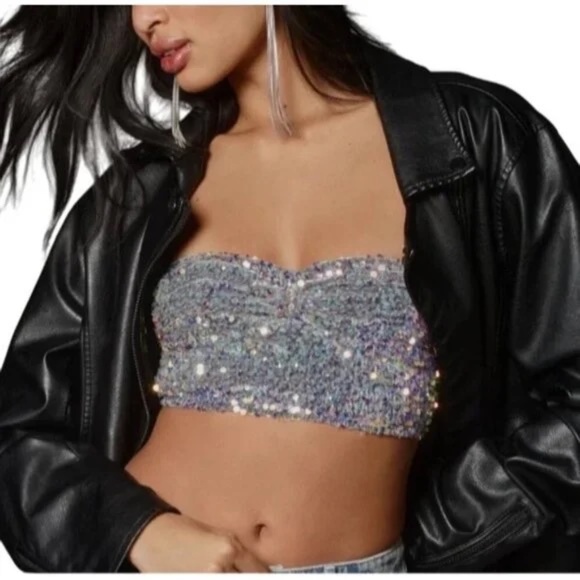 NWT Anthropologie Eve Sequin Bralette: Bandeau Edition, Grey Iridescent Size L - Picture 7 of 10